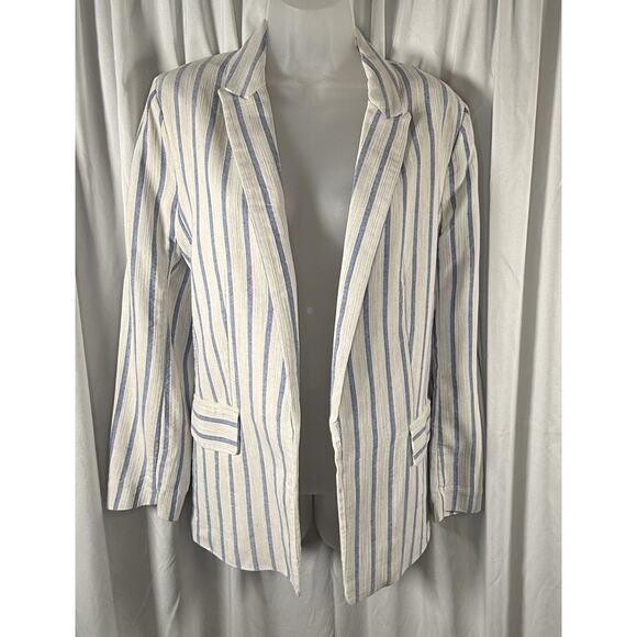 H&M Jackets & Blazers - H&M Striped Linen Blend Jacket White Blue 8 Coastal Chic Preppy Academia 88-26